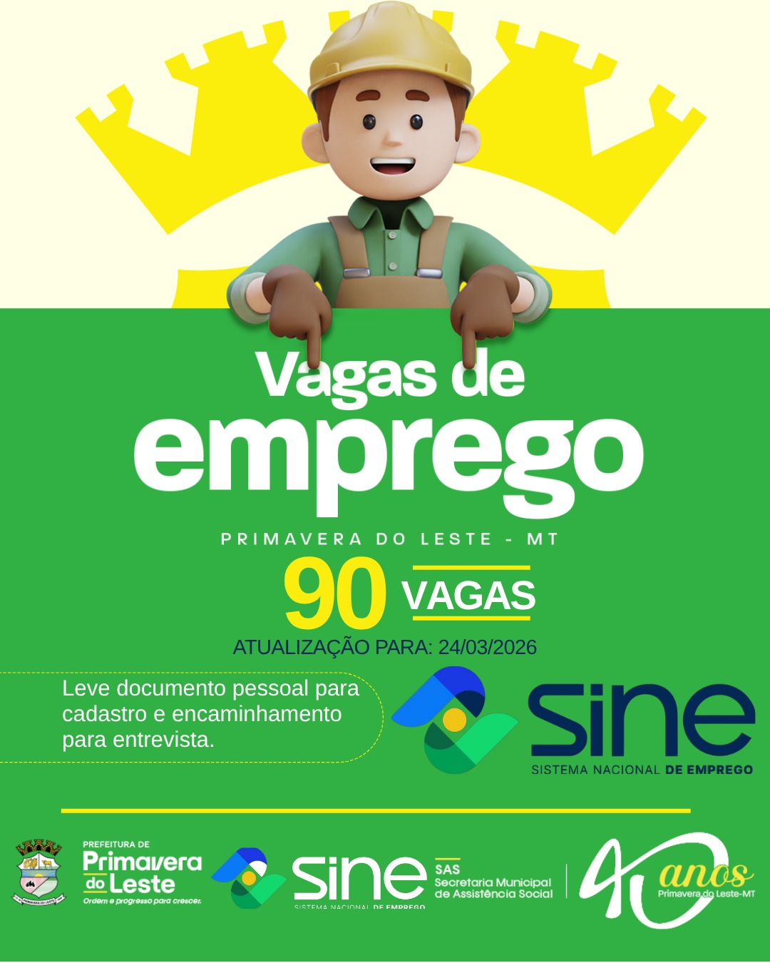 SINE divulga 90 vagas de emprego em Primavera do Leste com oportunidades em diversas áreas
