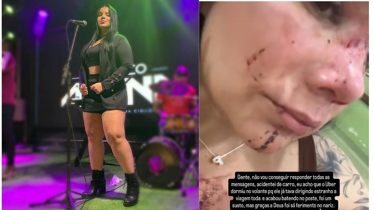 Cantora fica ferida após carro de aplicativo bater em poste em Cuiabá - MT