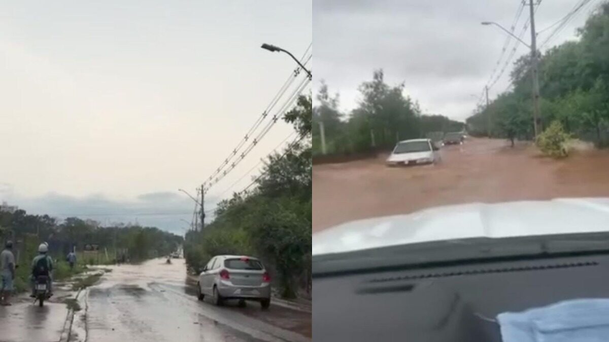 Chuva alaga ruas e transforma via em rio em Cuiabá, MT