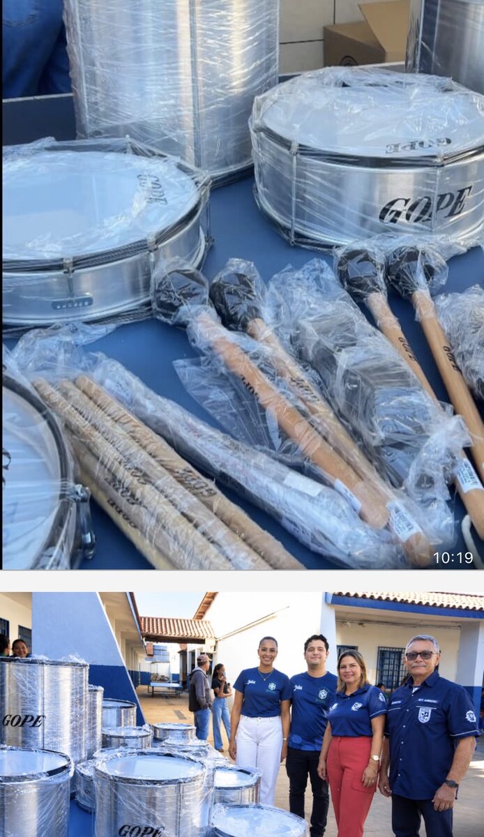 Escola de Cáceres recebe instrumentos para fanfarra do Grupo Juba