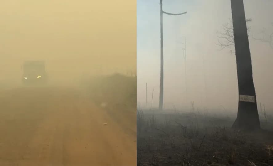 Fumaça de incêndios florestais reduz visibilidade em estradas de MT