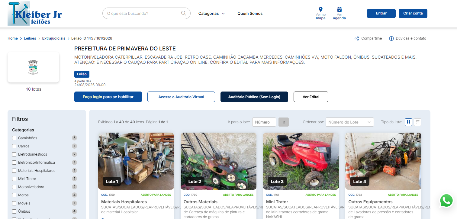 Leilão público em Primavera do Leste oferta 40 lotes de veículos