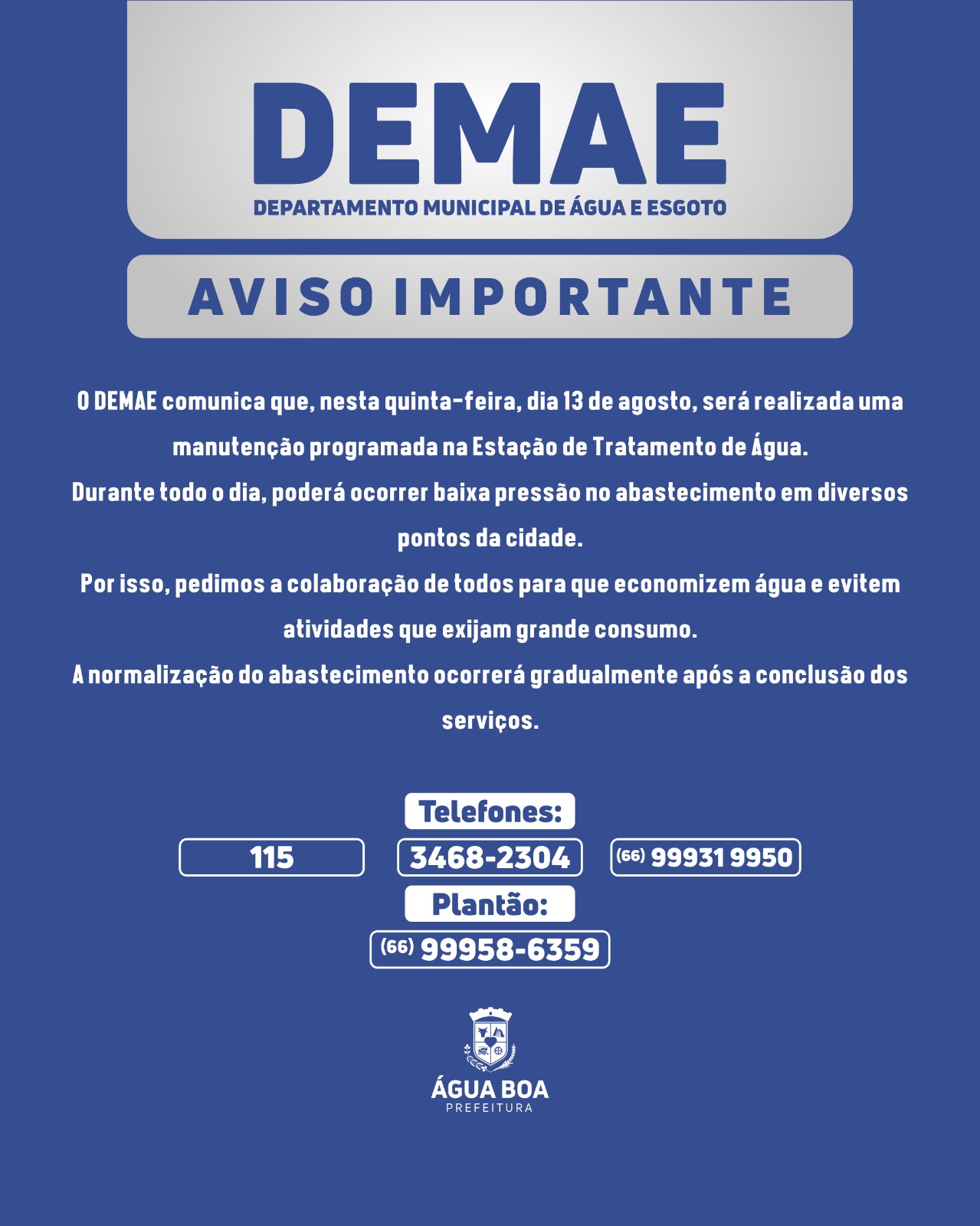 Manutenção em estação afeta abastecimento de água em Água Boa