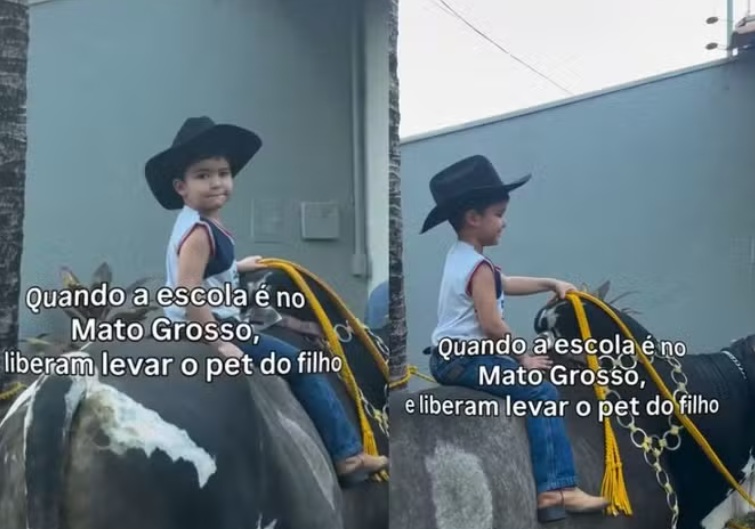 Menino chega à escola montado em boi de 600 kg em Rondonópolis