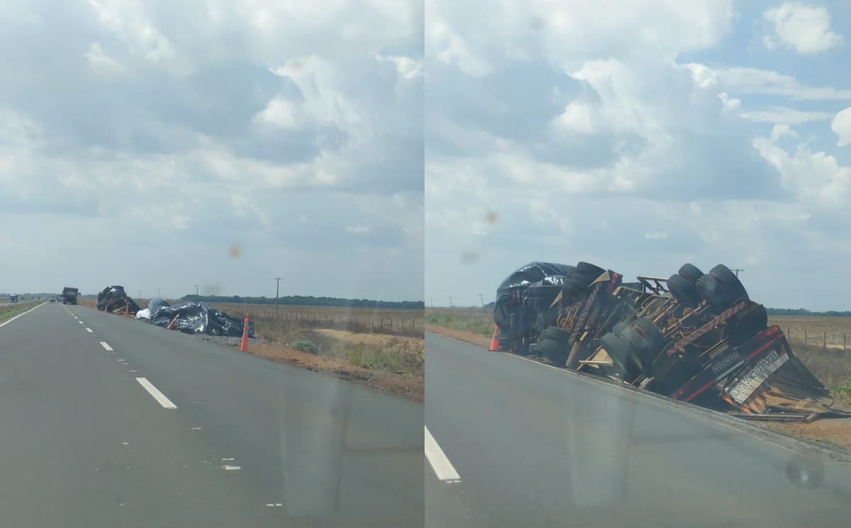Motorista fica ferido após tombamento de carreta na BR-163 em Lucas do Rio Verde
