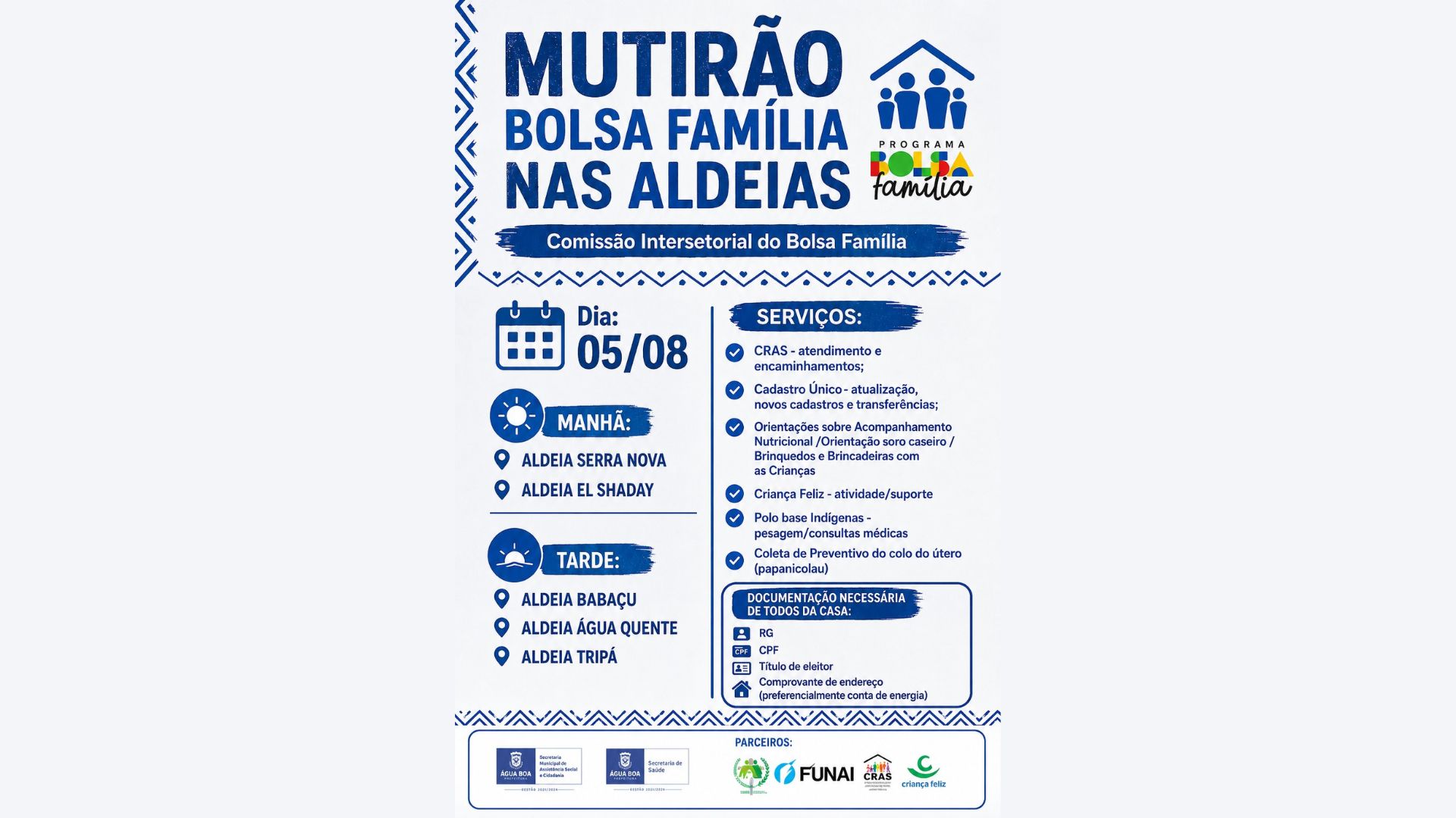 Mutirão do Bolsa Família atende aldeias indígenas em Água Boa