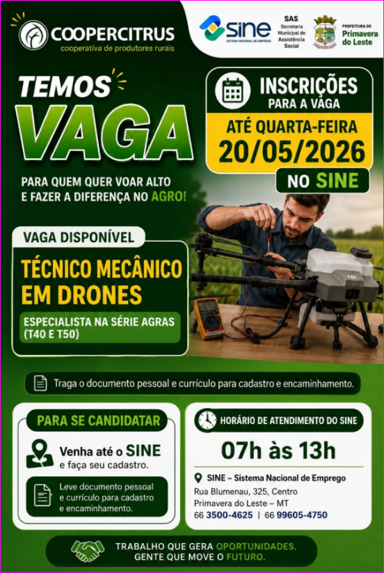 Sine abre vaga para técnico em drones em Primavera