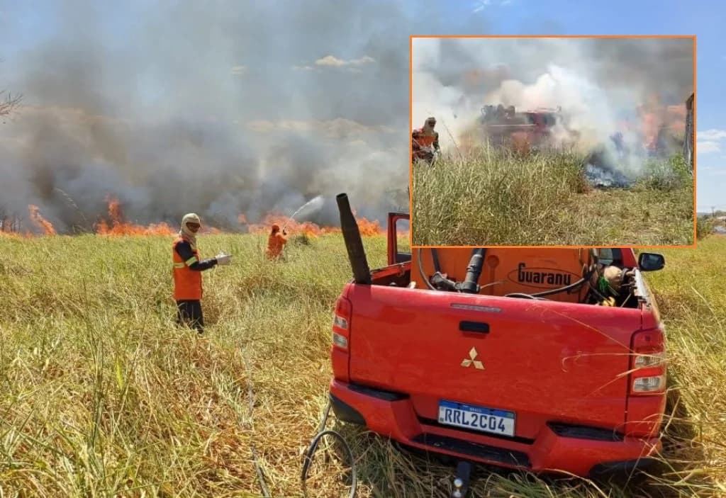 Viatura dos bombeiros é cercada por chamas em MT